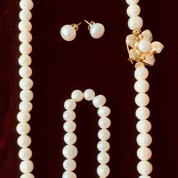 Vintage real pearl set long necklace bracelet earrings with real diamonds & gold - Picture 15 of 16